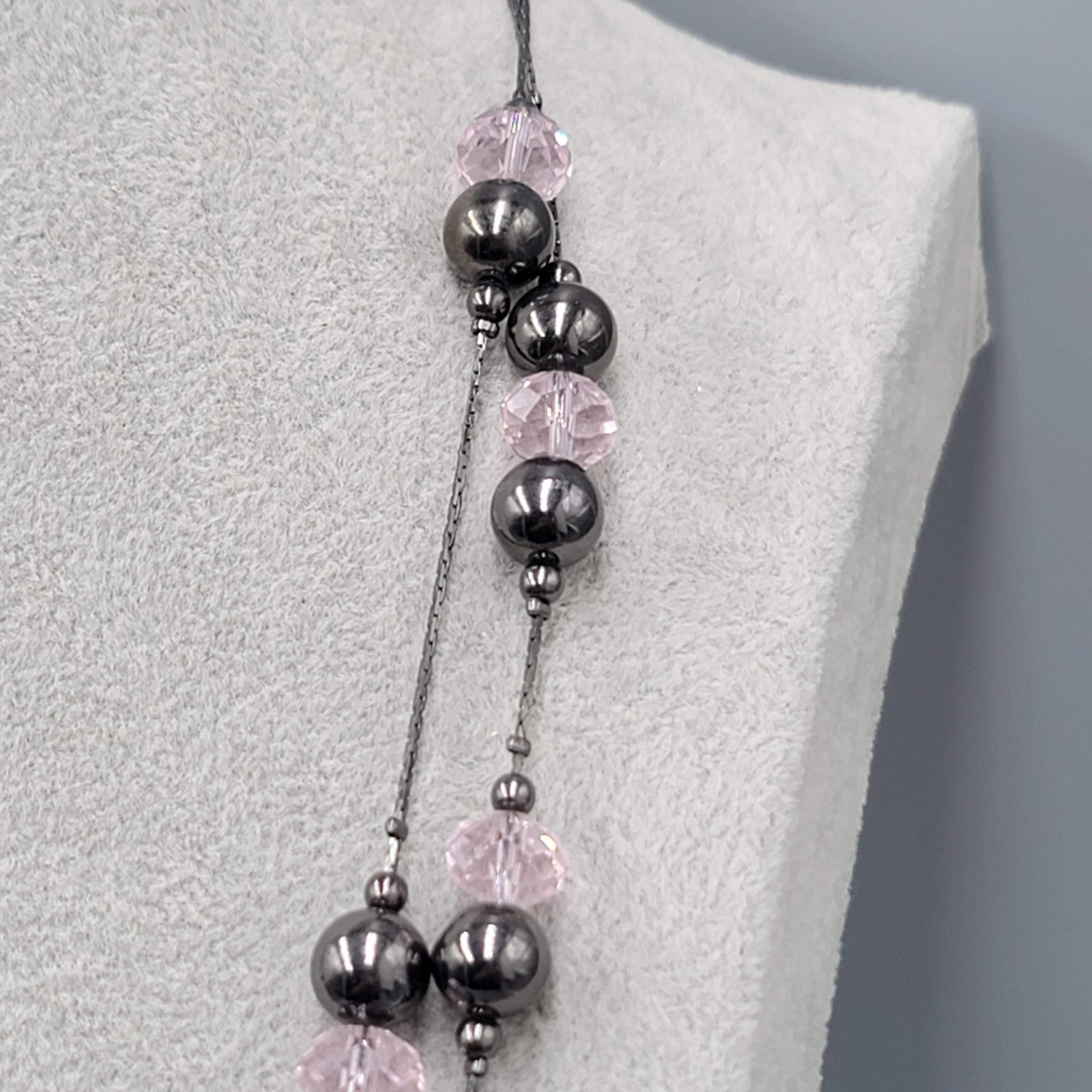 Double Black Chain Necklace Pink Glass Station Bead Long 28-30 in
