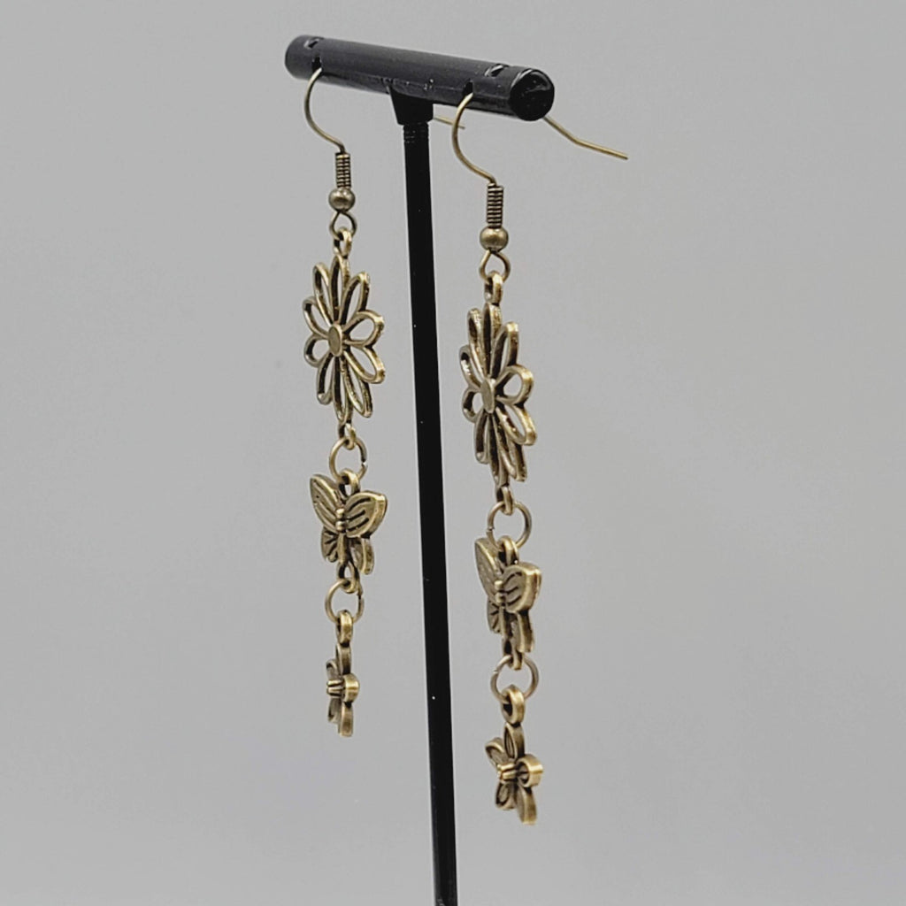 New Flower Butterfly Pierced Earrings Bronze tone Triple Dangle 2 1/8"