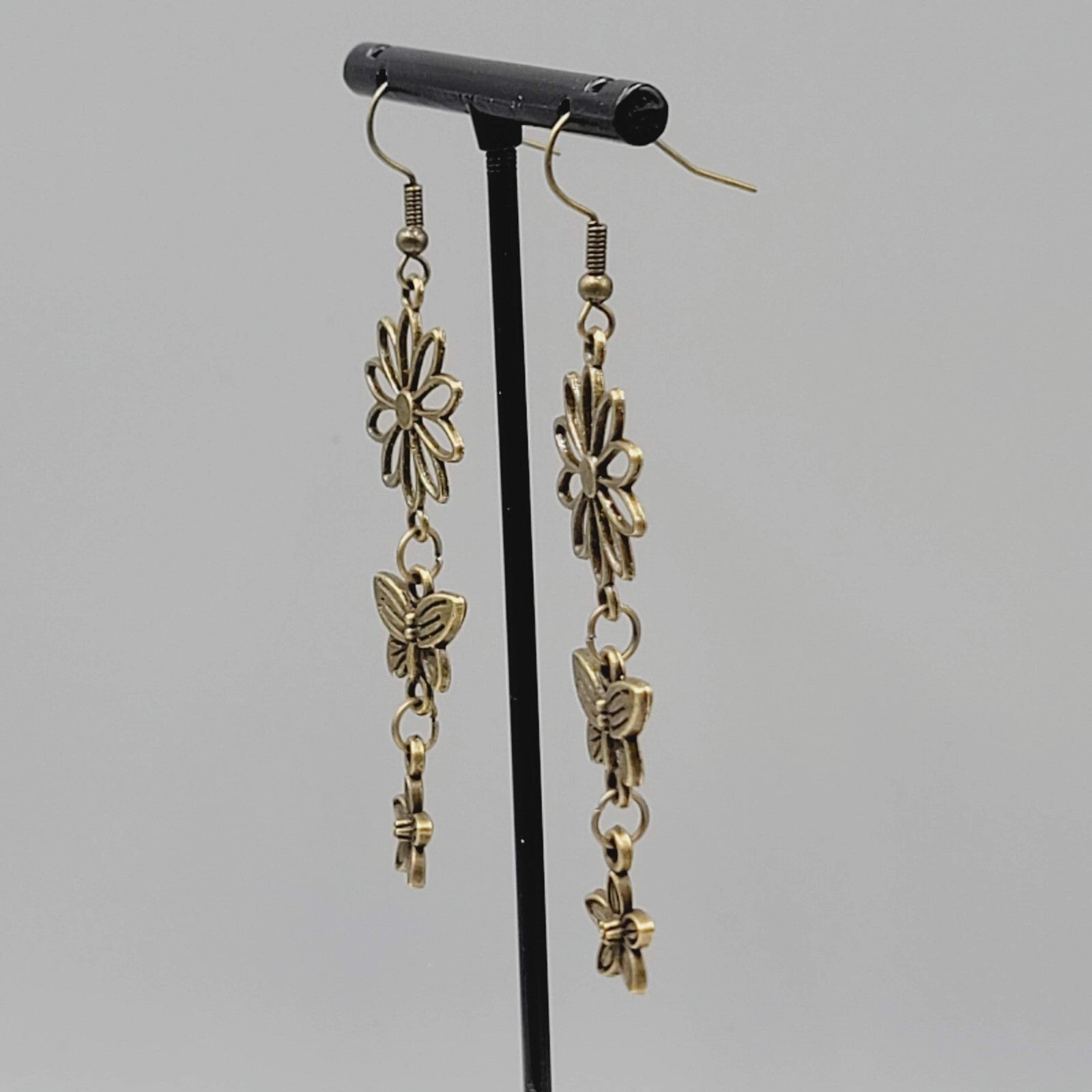 New Flower Butterfly Pierced Earrings Bronze tone Triple Dangle 2 1/8"