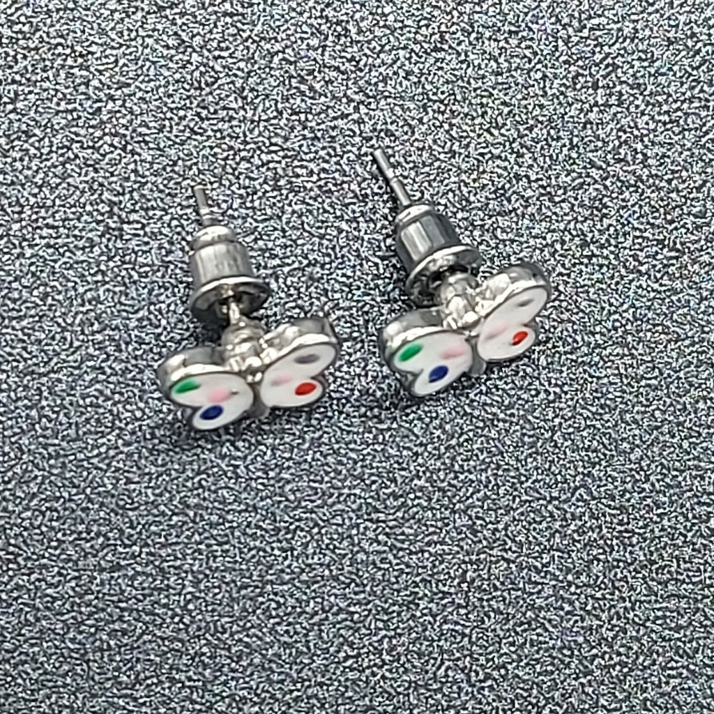 Butterfly Stud Pierced Earrings Polka Dot Enamel Butterfly Silvertone Studs 3/8"