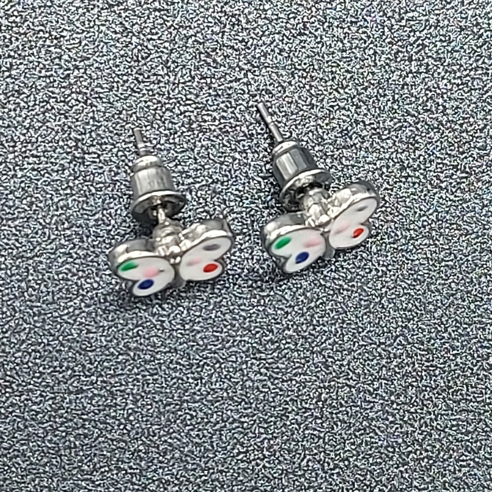 Butterfly Stud Pierced Earrings Polka Dot Enamel Butterfly Silvertone Studs 3/8"
