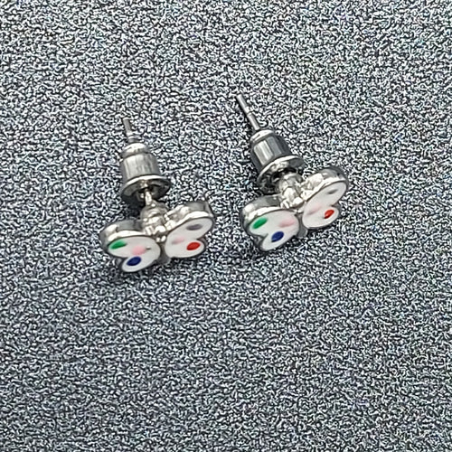 Butterfly Stud Pierced Earrings Polka Dot Enamel Butterfly Silvertone Studs 3/8"