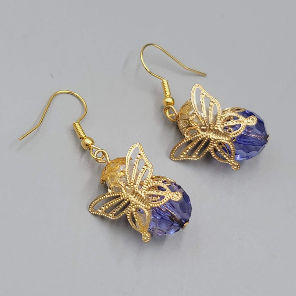 Vintage Angel Pierced Earrings Purple bead Gold tone Dangle  1"