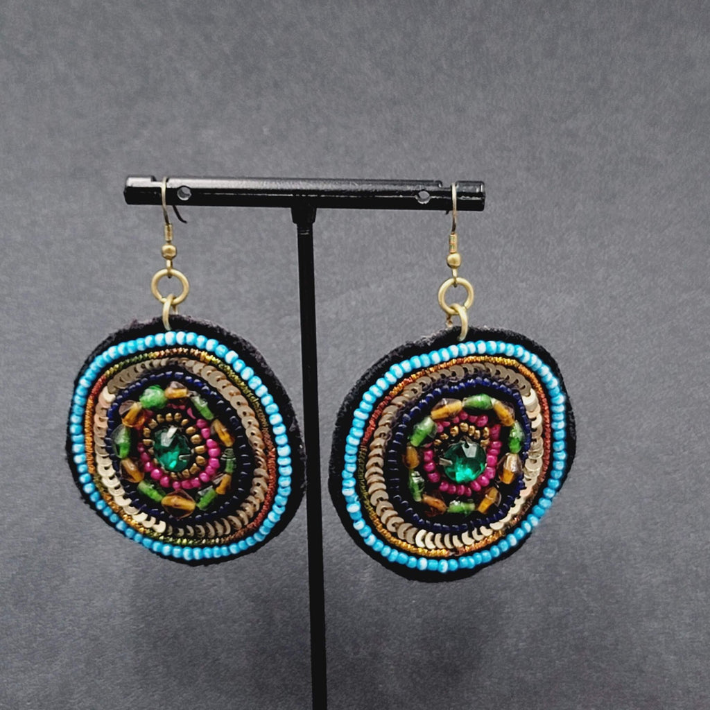 Boho Pierced Earrings Beaded Felt Medallion Dangle 1.75"