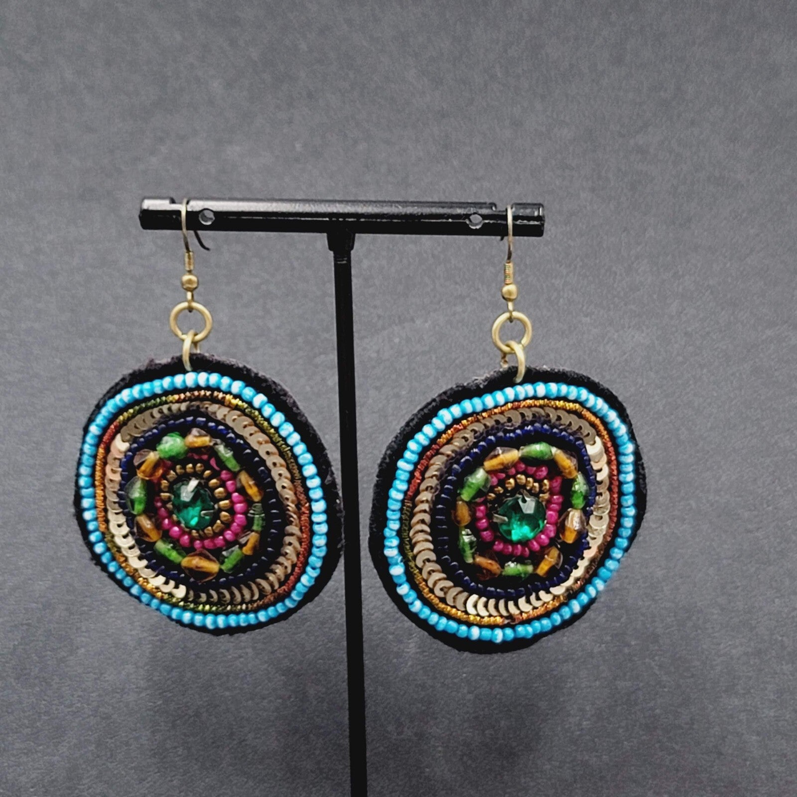 Boho Pierced Earrings Beaded Felt Medallion Dangle 1.75"