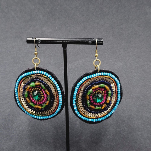 Boho Pierced Earrings Beaded Felt Medallion Dangle 1.75"