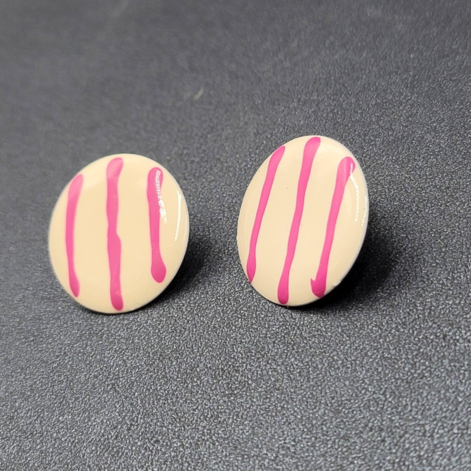 Vintage Pierced Earrings White Purple Stripes Round Disc 1"