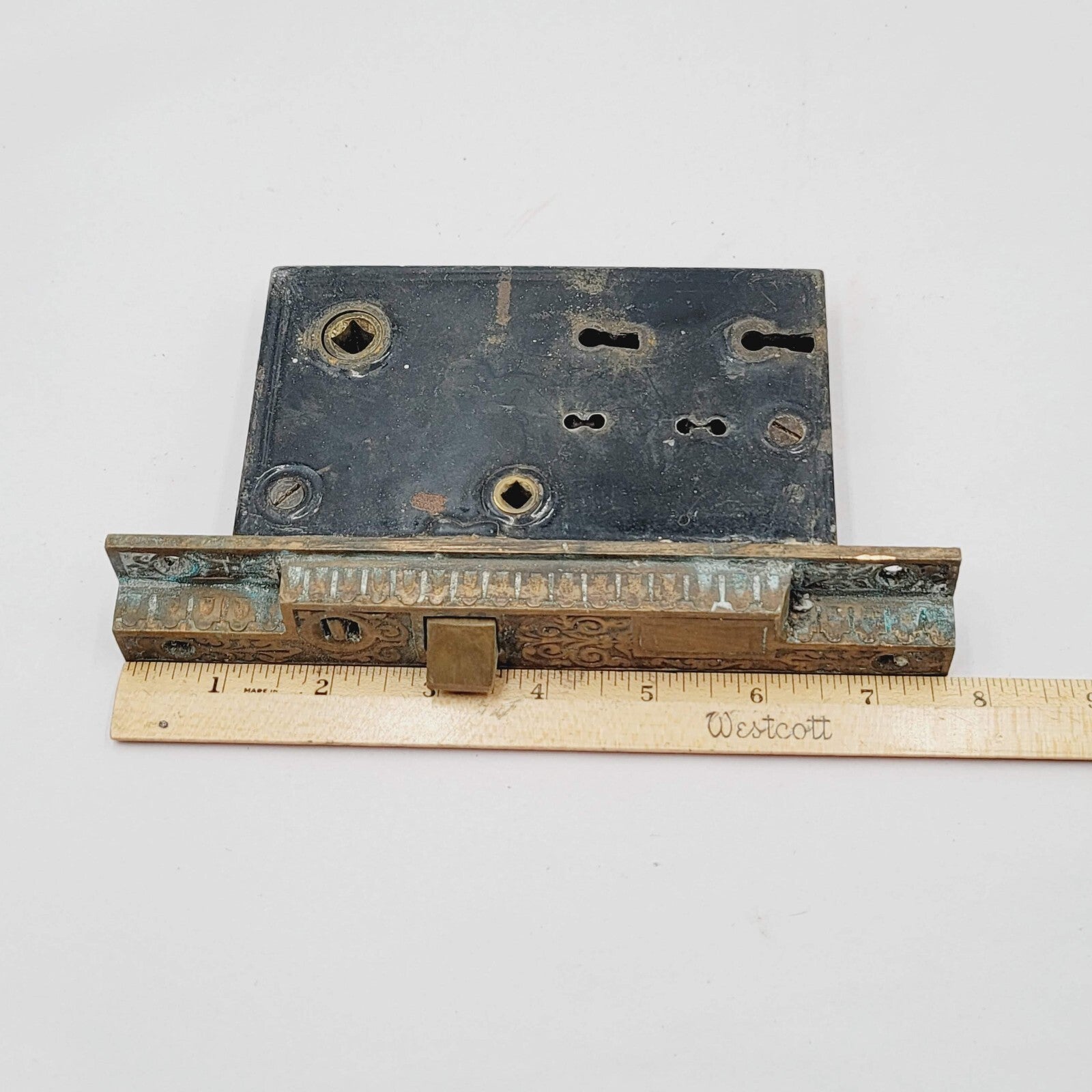 Vintage Ornate Mortise Lock Door Hardware Salvage Skeleton Double Keyhole NO Key