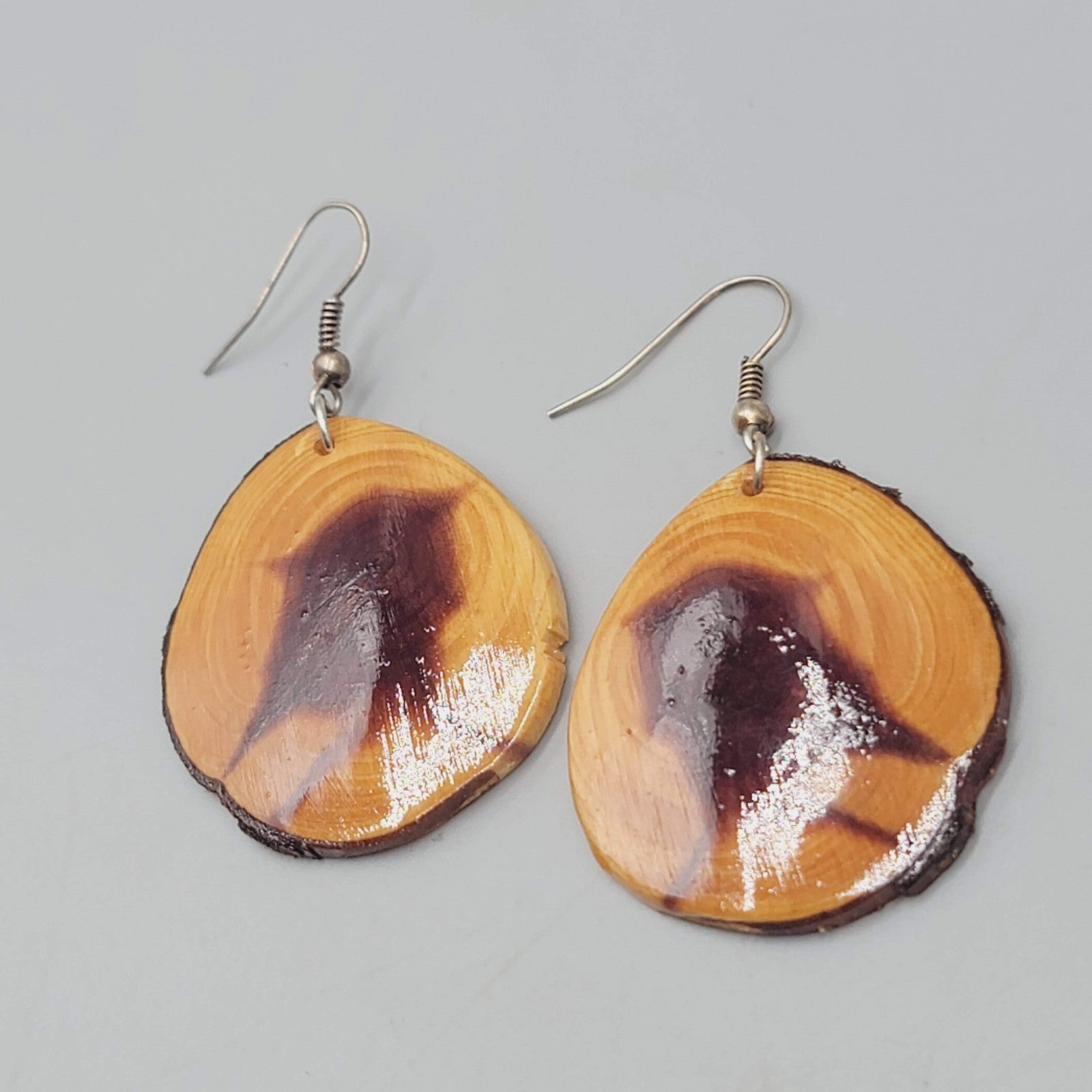 Live Edge Wood Round Pierced Earrings Clear Finish Dangle  1.5"