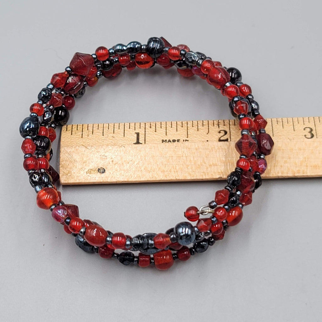 Red Black Glass Bead Bracelet Memory Wire 