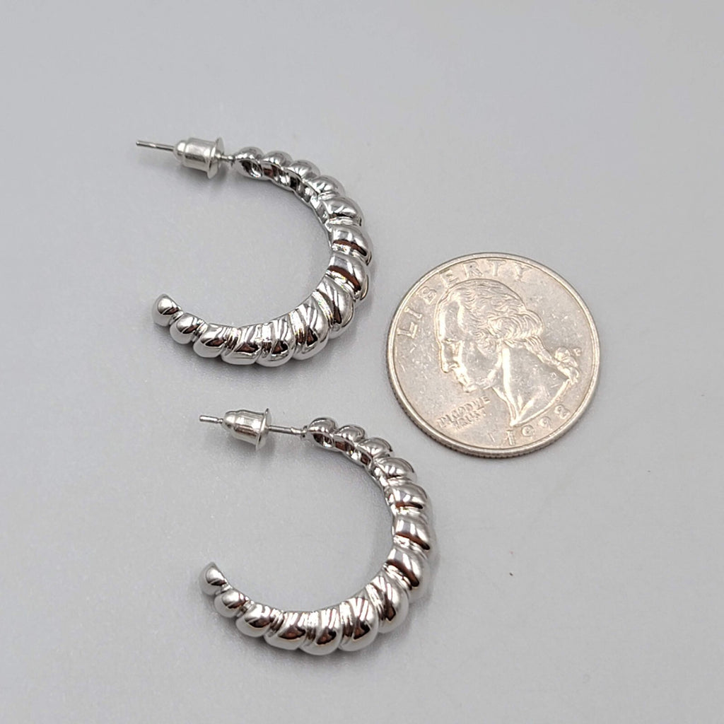 Silver Plated Hoops Pierced Earrings Ribbed Design 1"