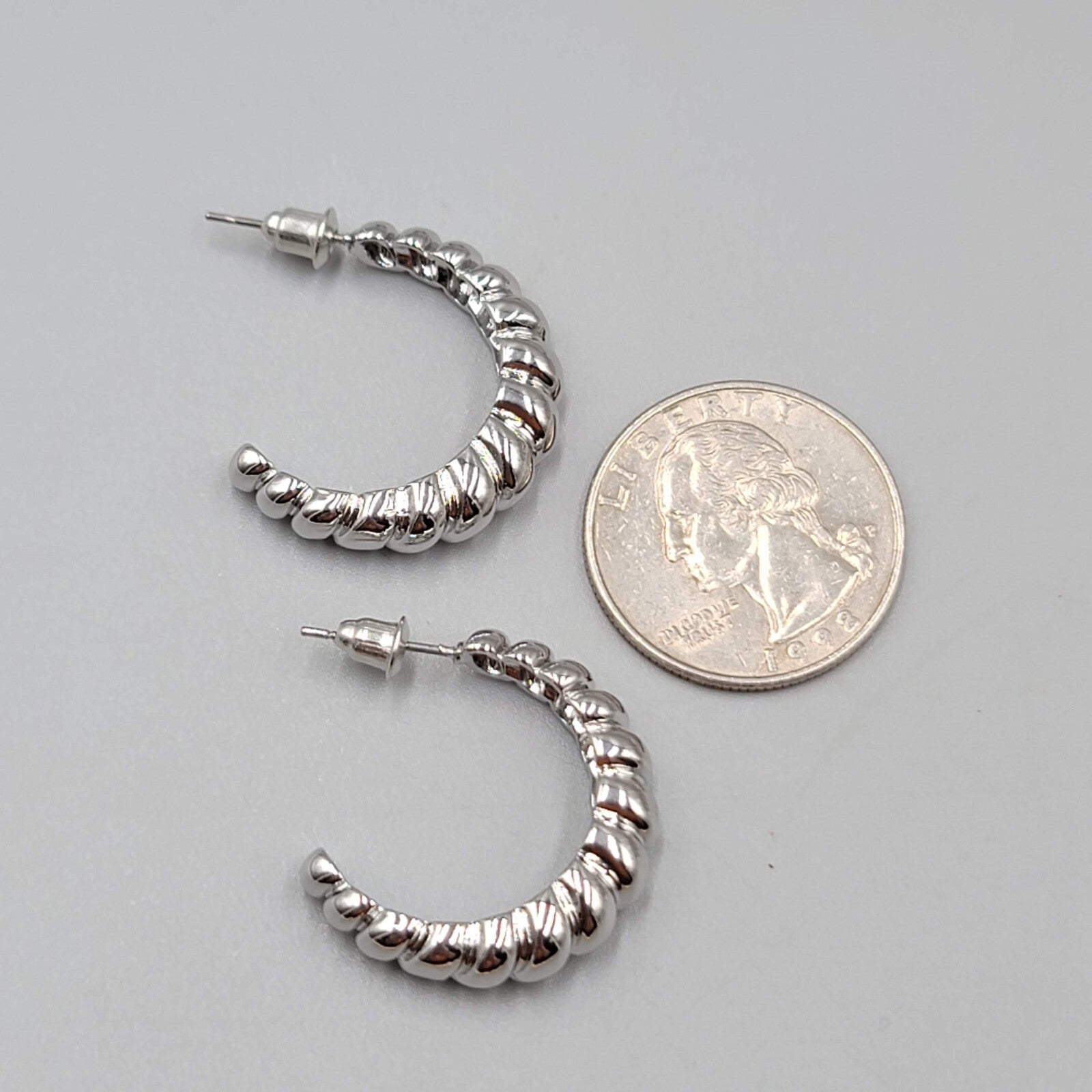 Silver Plated Hoops Pierced Earrings Ribbed Design 1"