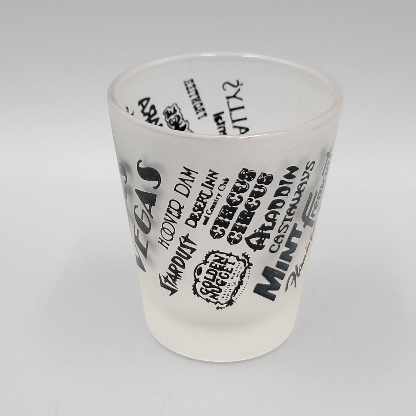 Vintage Las Vegas Casino Shot Glass Black Letters Frosted Glass Souvenir