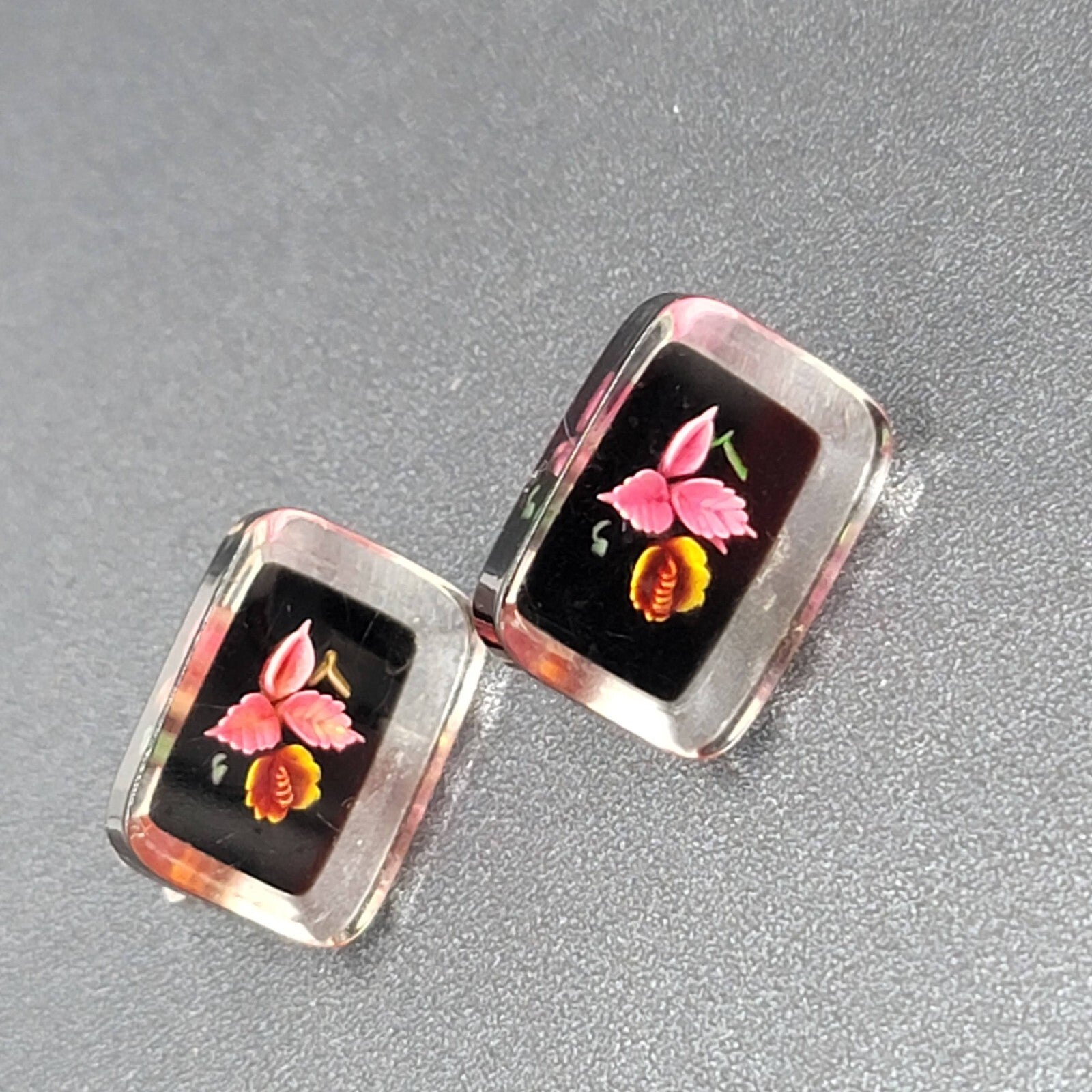 Vintage Clip on Earrings Reverse Carved Lucite Flower Drop 7/8"