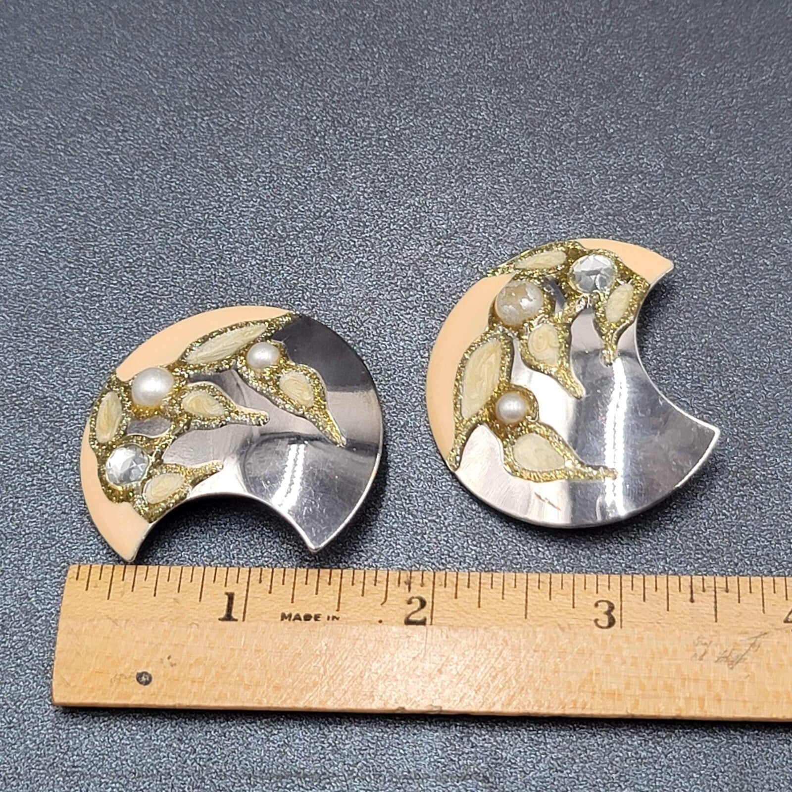 Vintage Clip on Earrings Silver tone Large Statement Enamel Glitter 1.75"