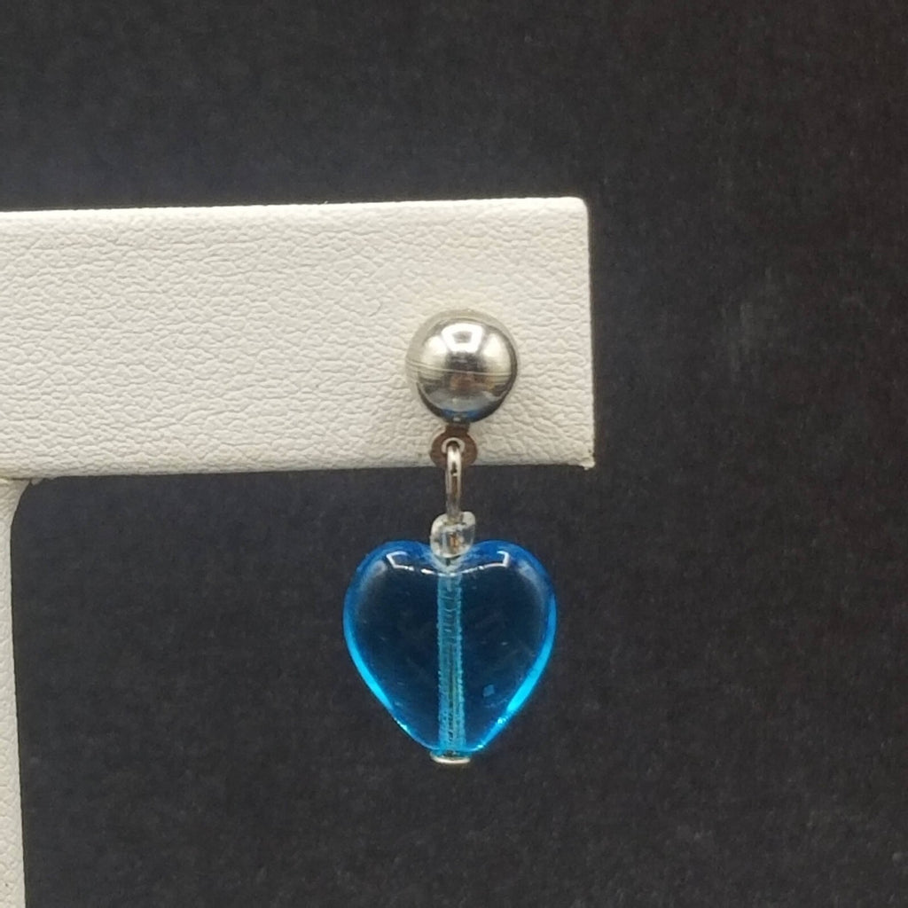 Pierced Earrings Silver tone Blue Crystal Heart Beaded Dangle 1"