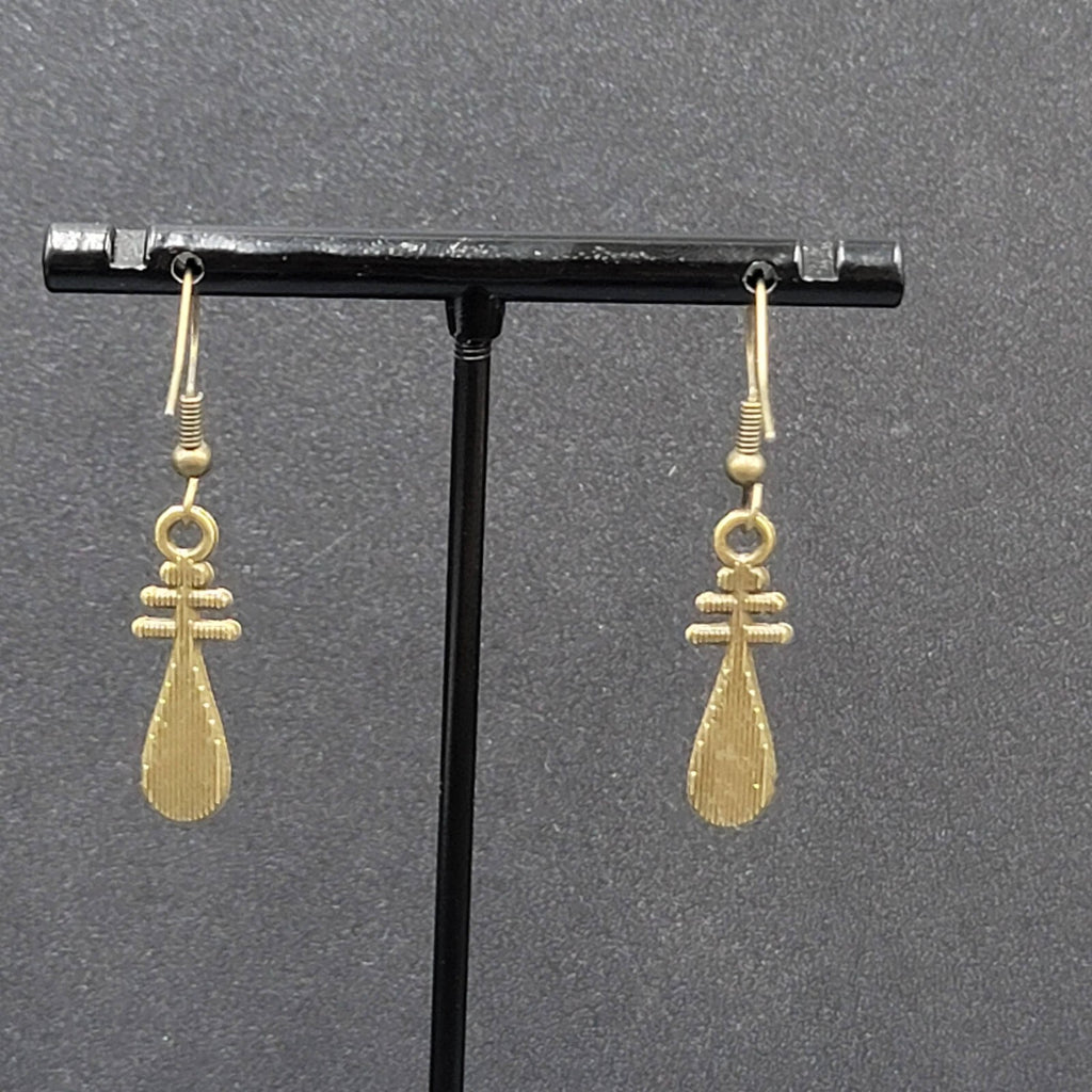 Lute Pierced Earrings Bronze tone Embossed Dangle New 1"