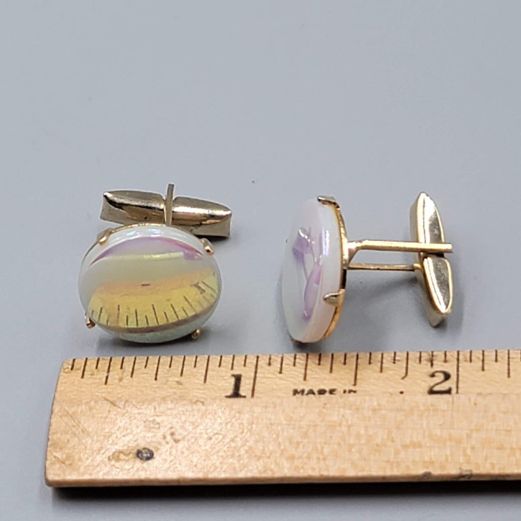 Vintage Iridescent Glass Round Mens Cufflinks Gold tone Mens Estate Jewelry 3/4"