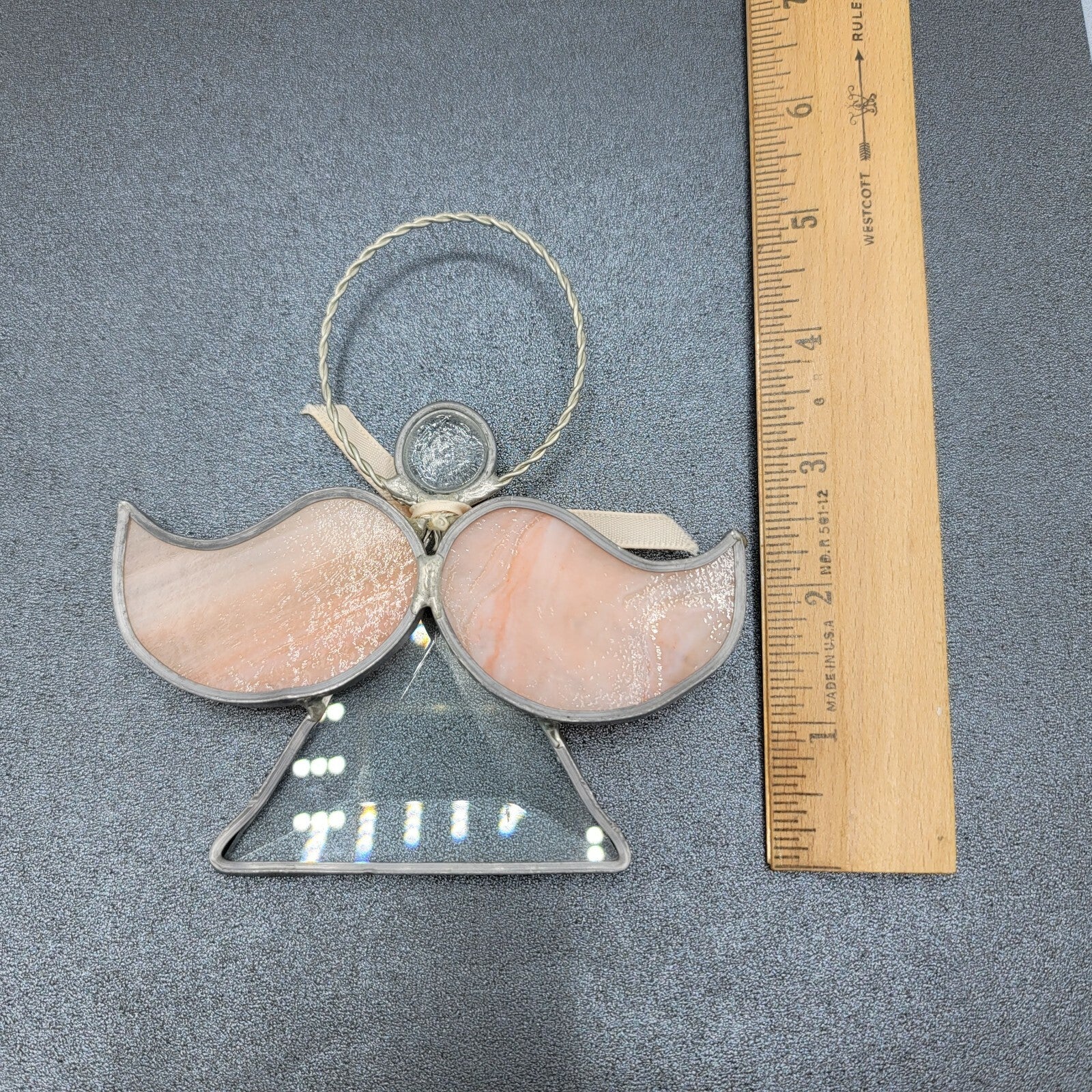 Stained Glass Angel Figurine Ornament 5" x 4 5/8" Sun catcher Peach Pink Wings