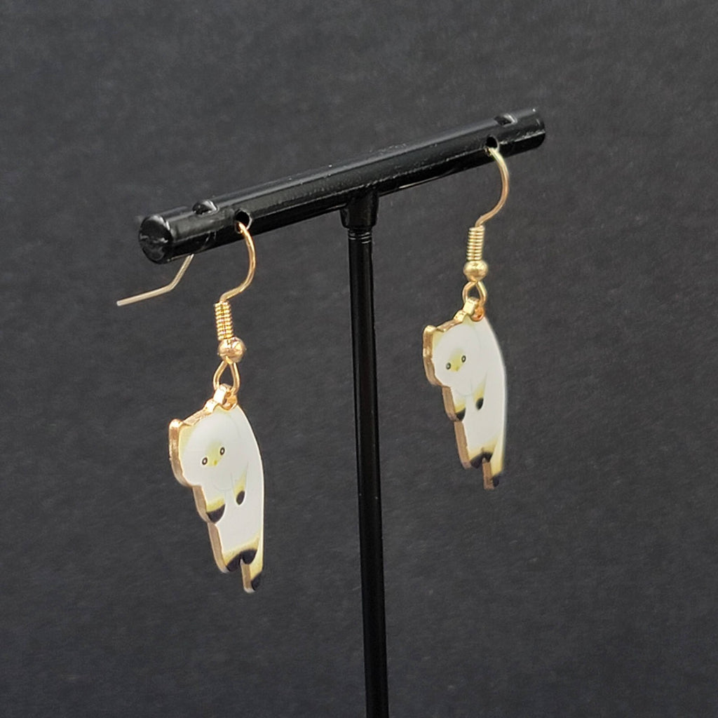 Pierced Earrings Gold tone White Enamel Kitty Cat Dangle 1"