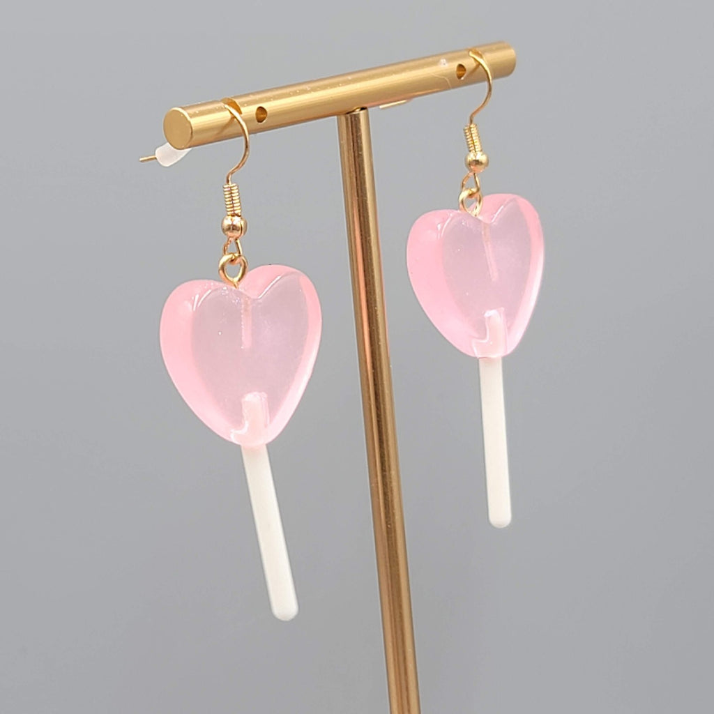 Heart Lollipop Dangle Pierced Earrings Resin Gold Hook Candy 1.75"