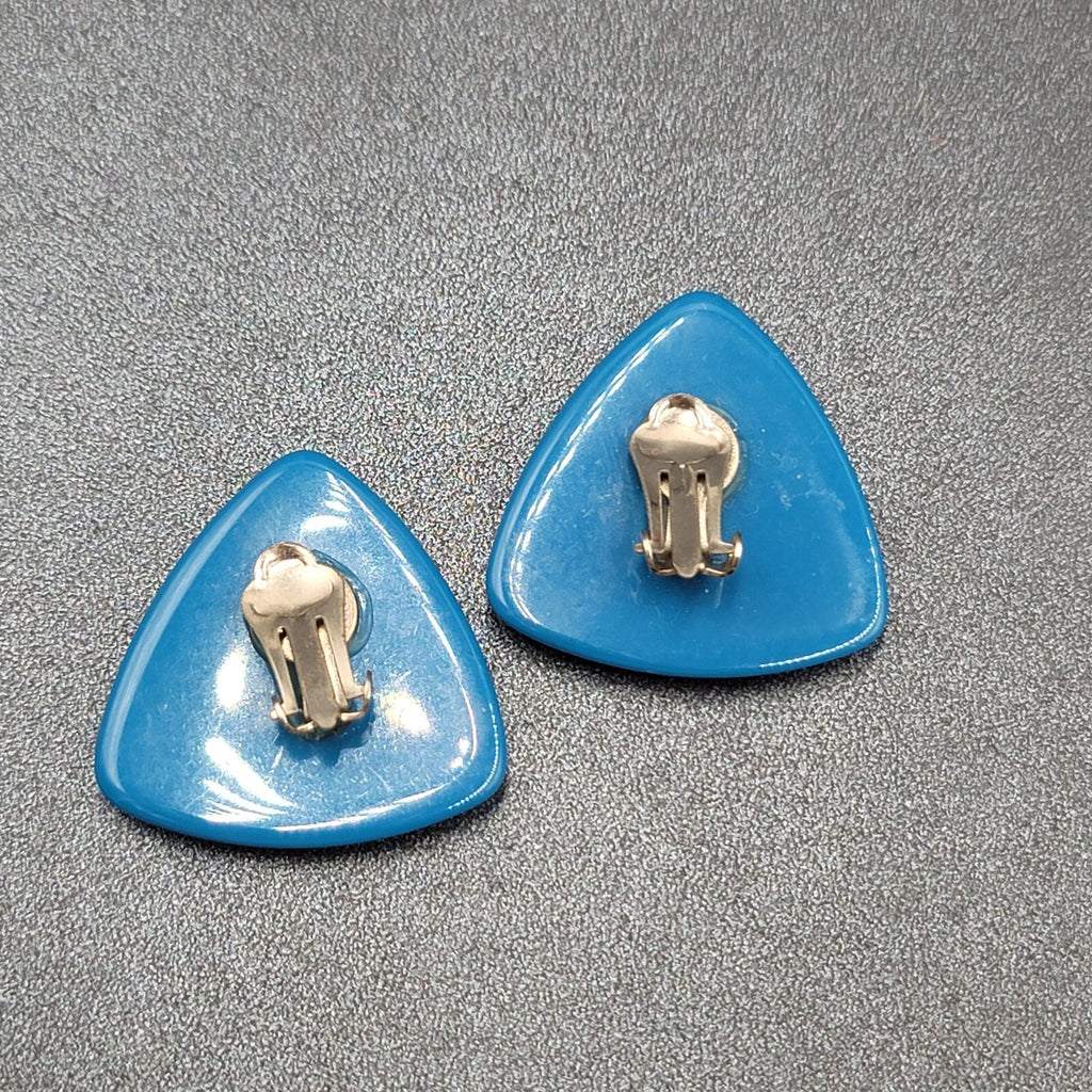 Vintage Clip on Earrings Blue Acrylic Triangle Statement Drop 1 3/8"