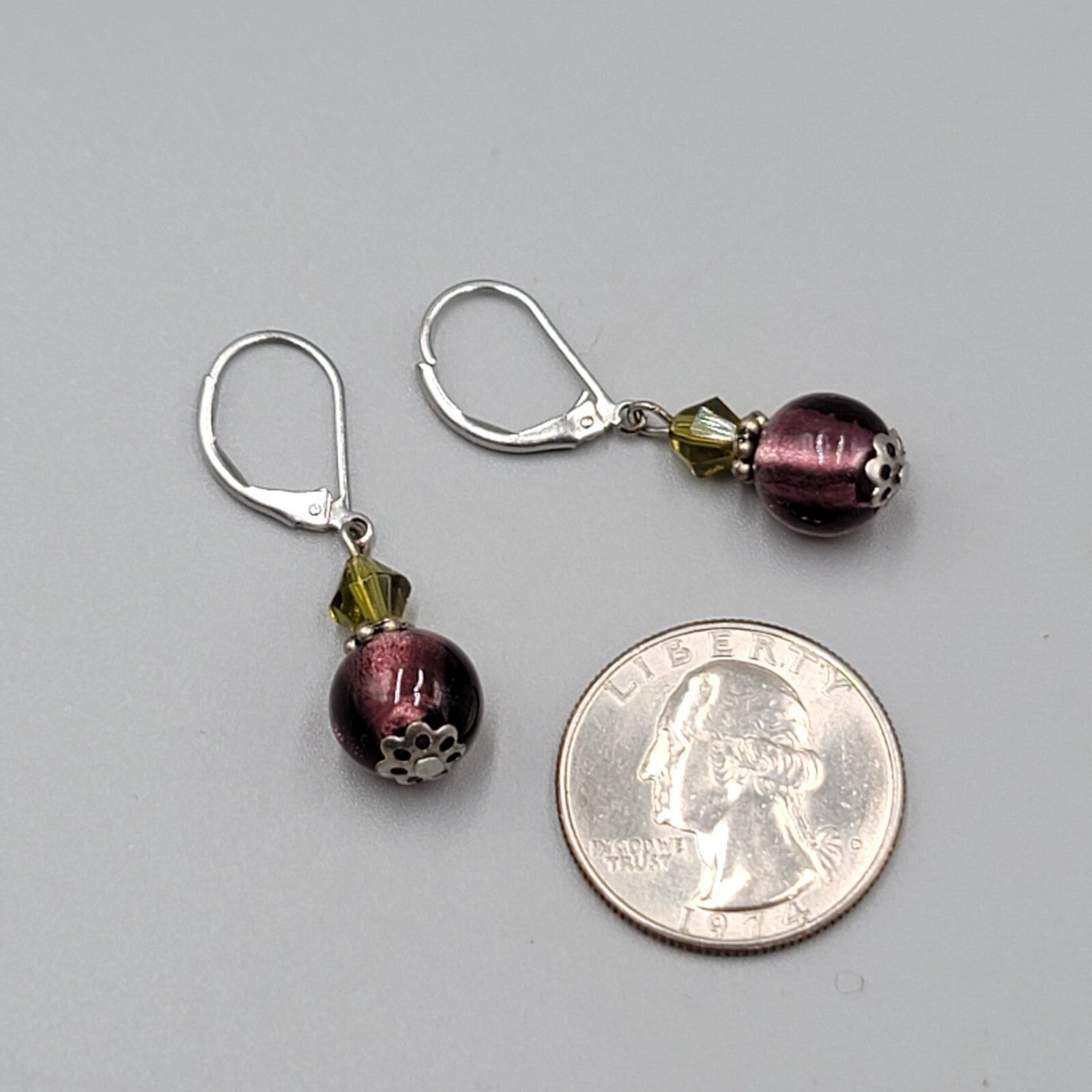 Glass Bead Pierced Earrings Purple Green Silver tone Dangle Leverback 7/8"