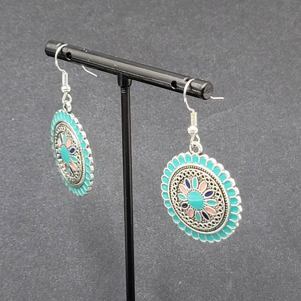 Pierced Earrings Silver tone Enamel Medallion Round Dangle Multicolor 1"