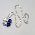 Shamrock Clover Necklace Blue Rhinestone Silver tone Chain 16"-18"