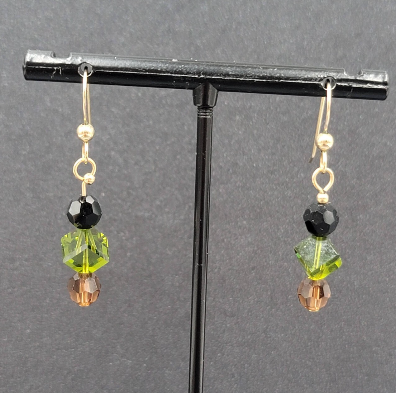 Pierced Earrings Gold tone Black Green Brown Crystal Bead Dangle 1"