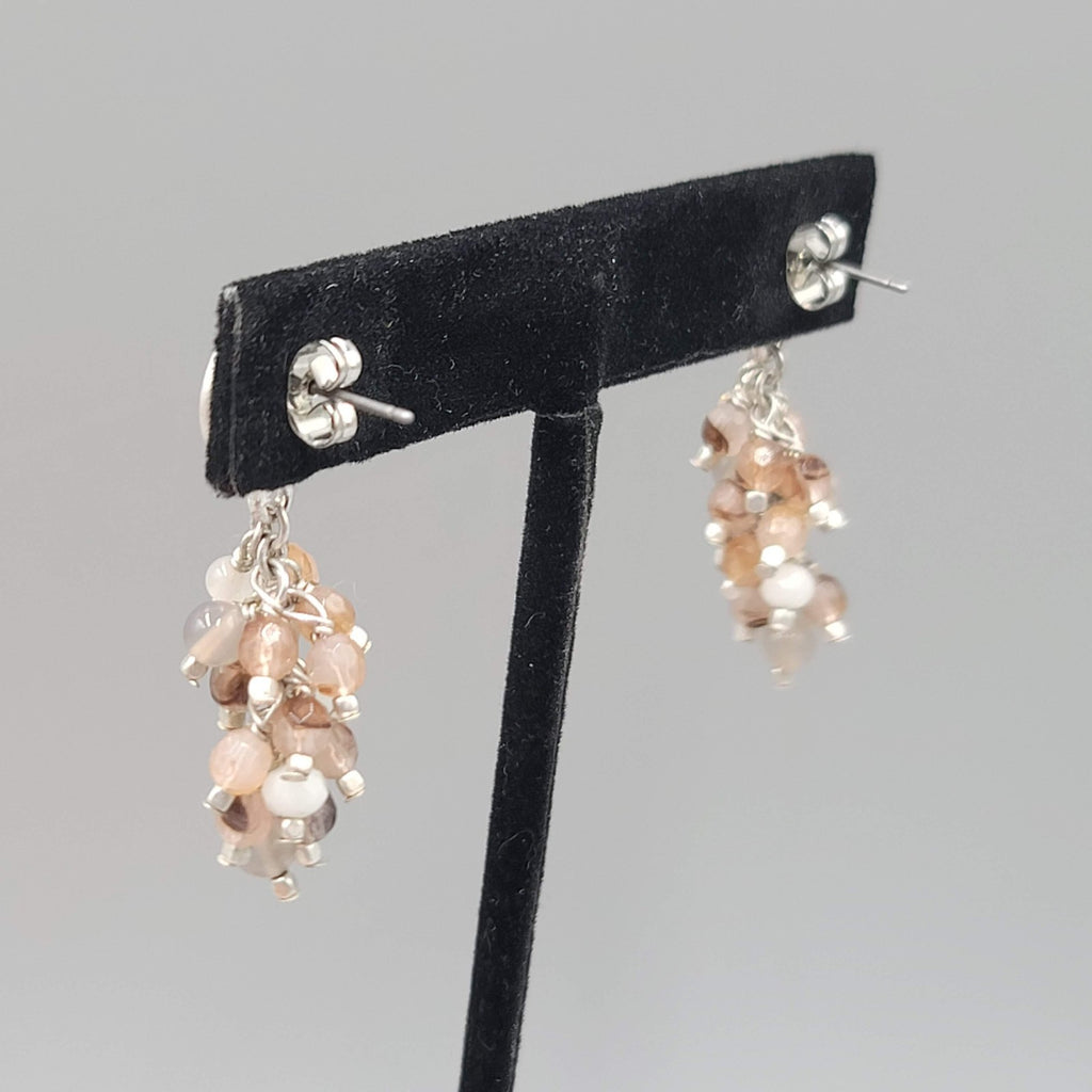 Pierced Earrings Silver tone Dangle Cluster Glass Beads Neutral Colors 1.5"