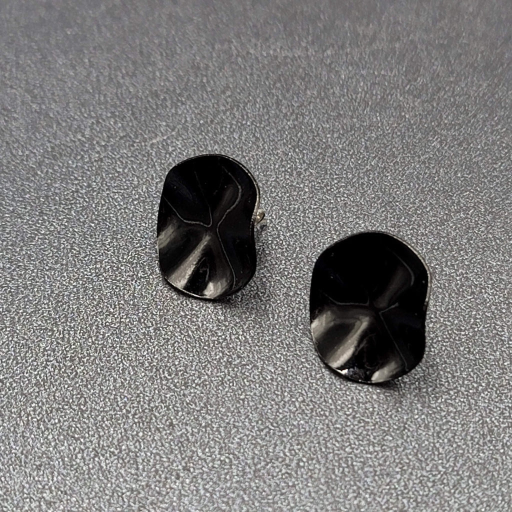 Vintage Pierced Earrings Black Enamel Wavy Round Studs 5/8"