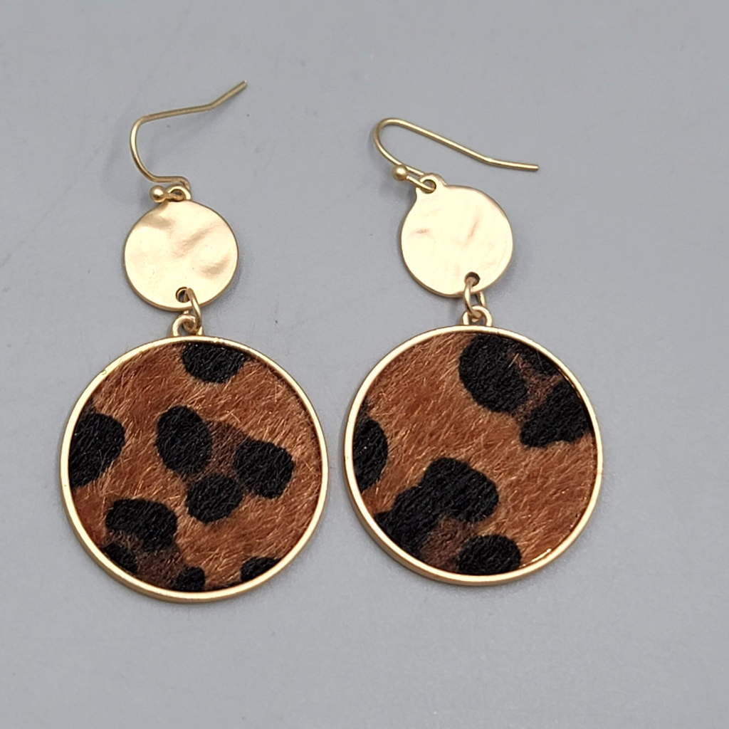 Leopard Print Faux Fur Pierced Earrings Matte Gold tone Dangle 2"