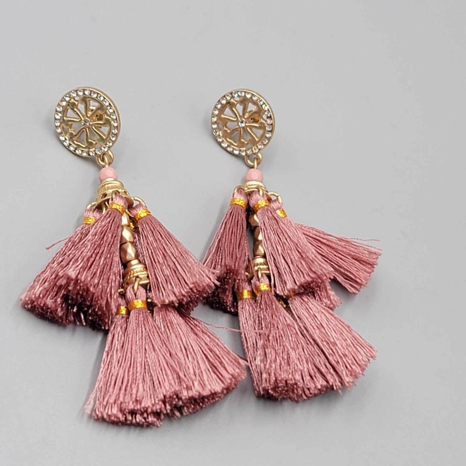 Pink Tassel Pierced Earrings Gold ton e Crystal Dangle 3"