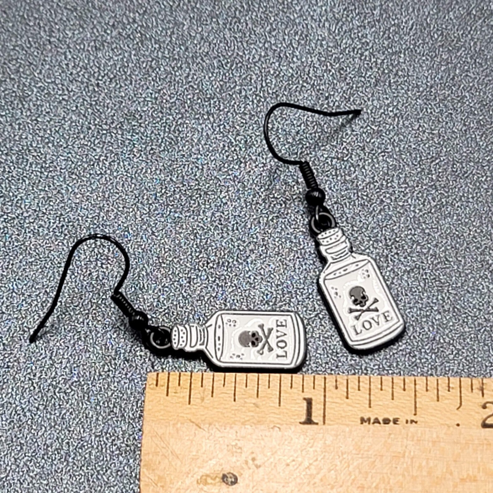 Love Poison Pierced Earrings Black White Enamel Dangle 7/8" 