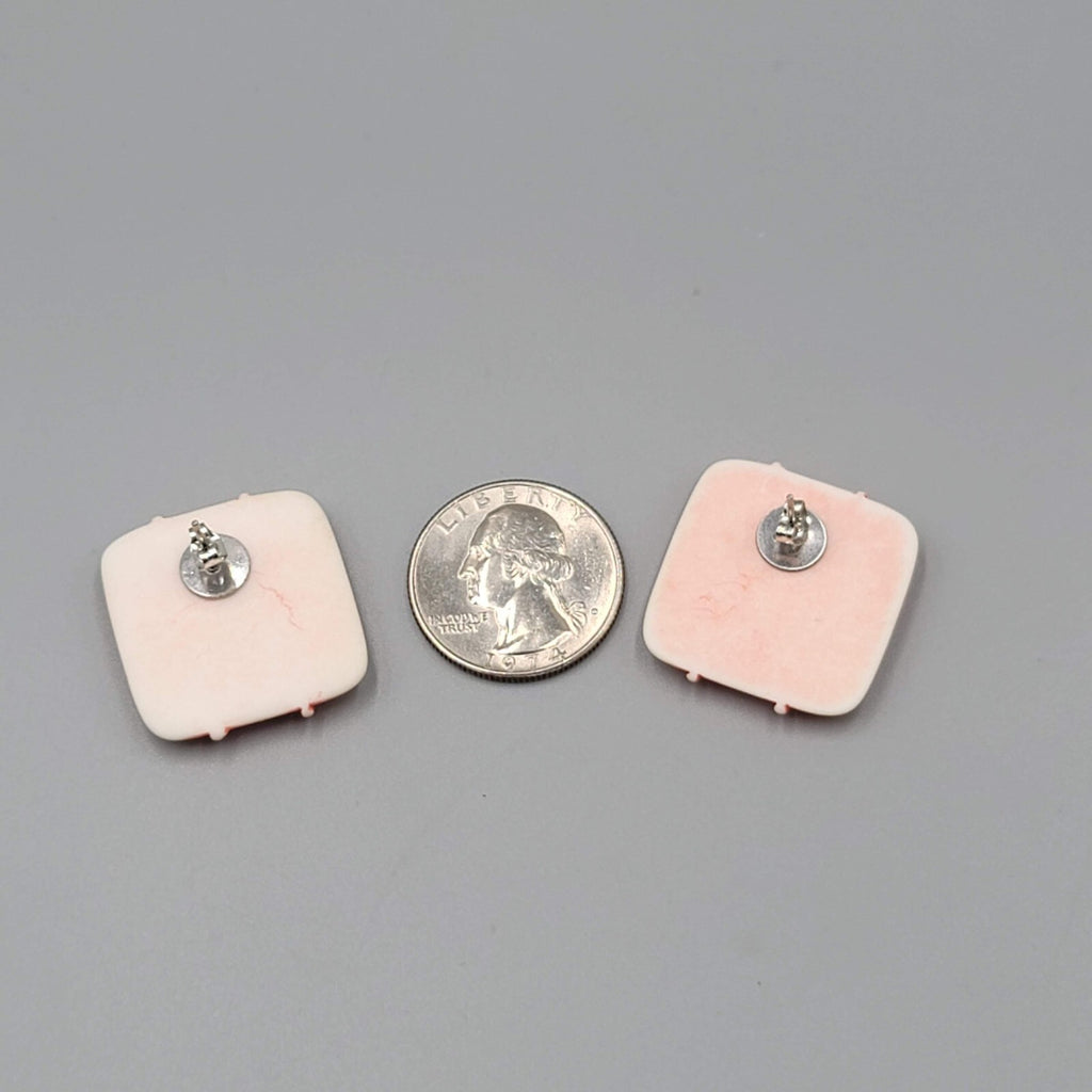 Vintage Salmon Pink White Pierced Earrings Embossed Square Drop 1"