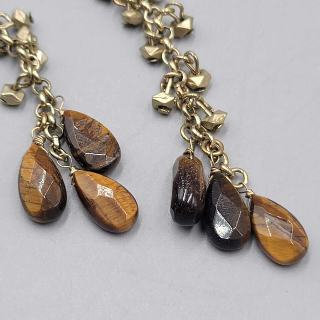 Long Tigers Eye Stone Bead Pierced Earrings Gold tone Dangle 3"
