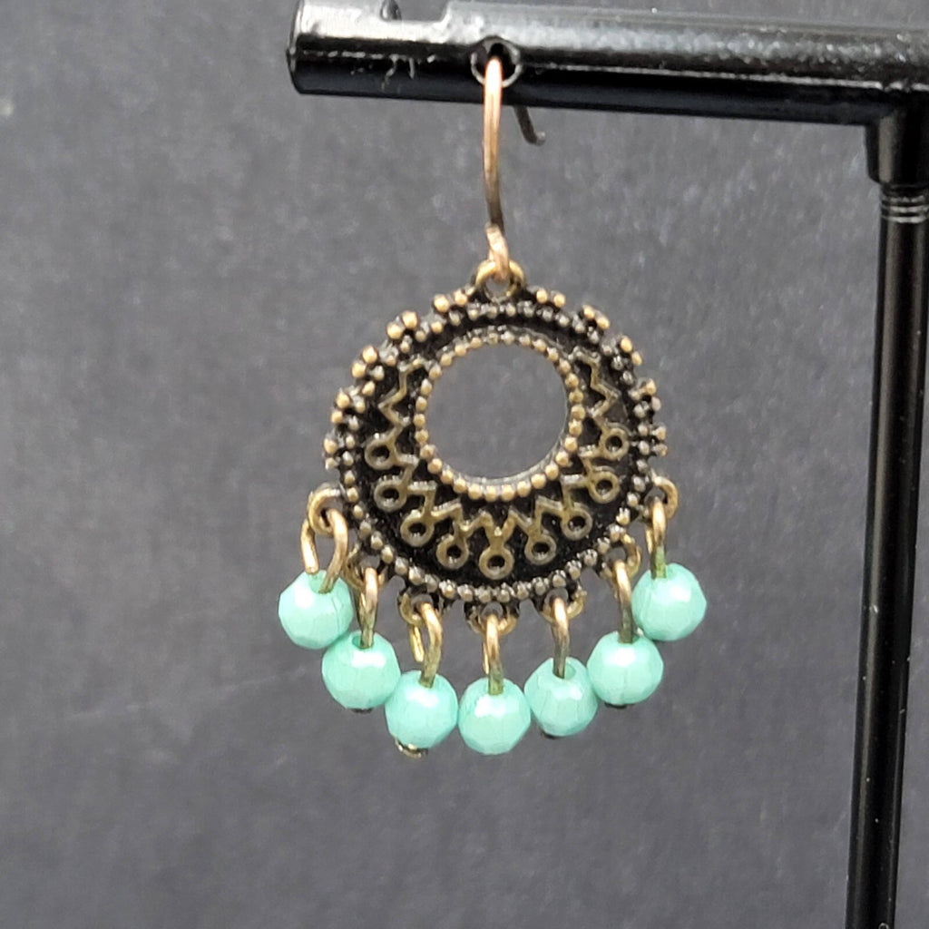 Pierced Earrings Bronze tone Blue Bead Medallion 1"