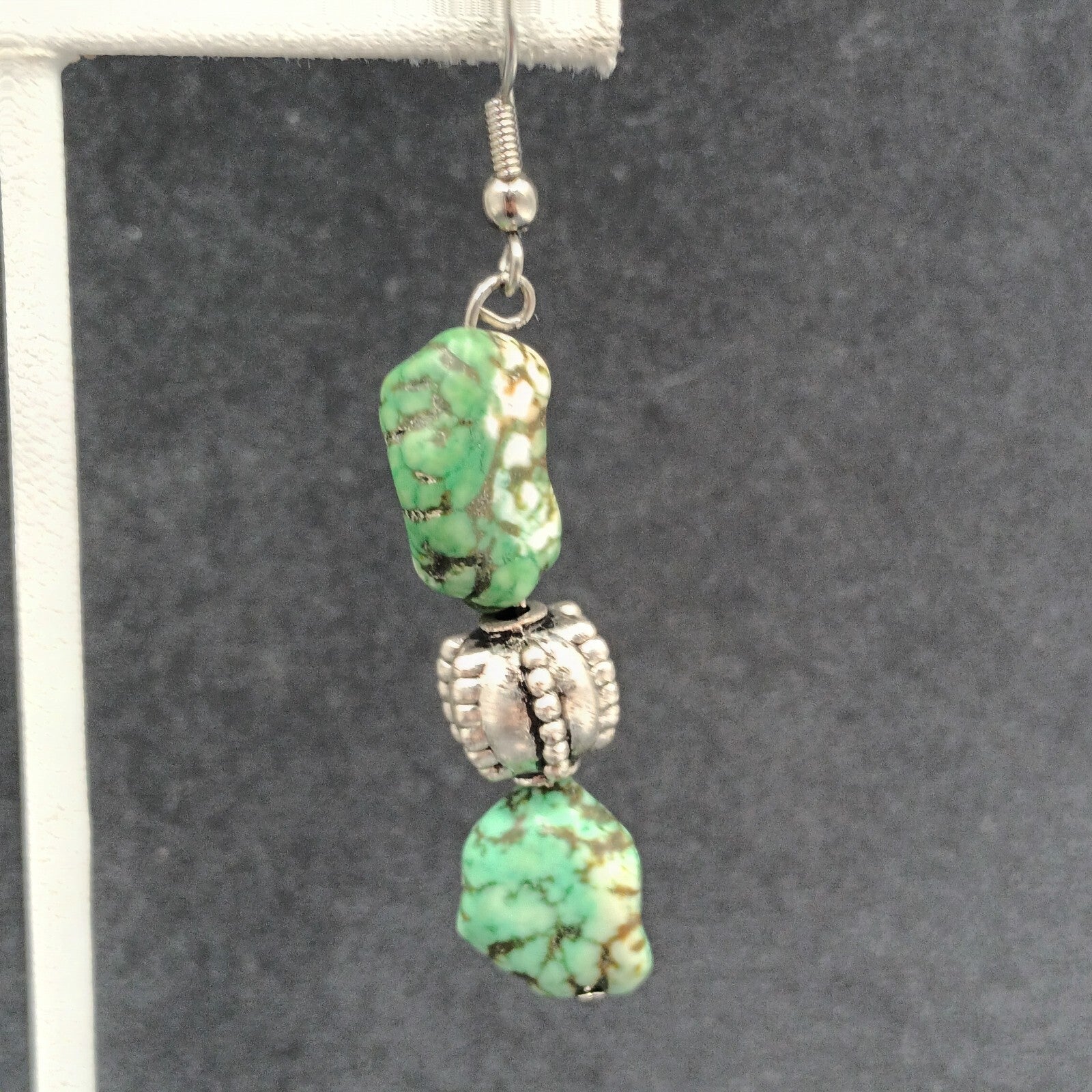 Pierced Earrings Silver tone Green Howlite Stone Beaded Statement Dangle 1 3/4"