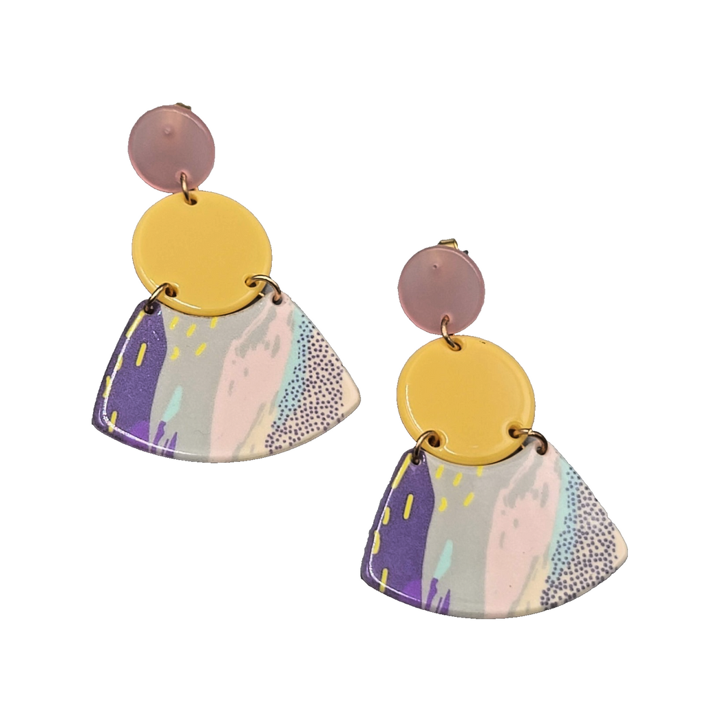 Yellow Pink Pastel Statement Pierced Earrings Large Acrylic Dangle Retro 2.5 in