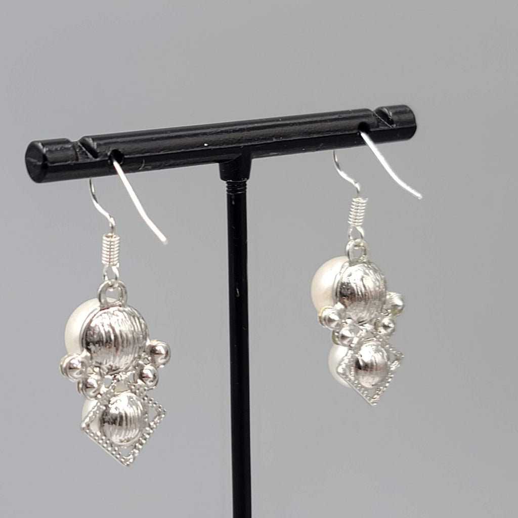 Pierced Earrings Silver tone Faux Pearl White Bead Rhinestone Dangle 7/8"