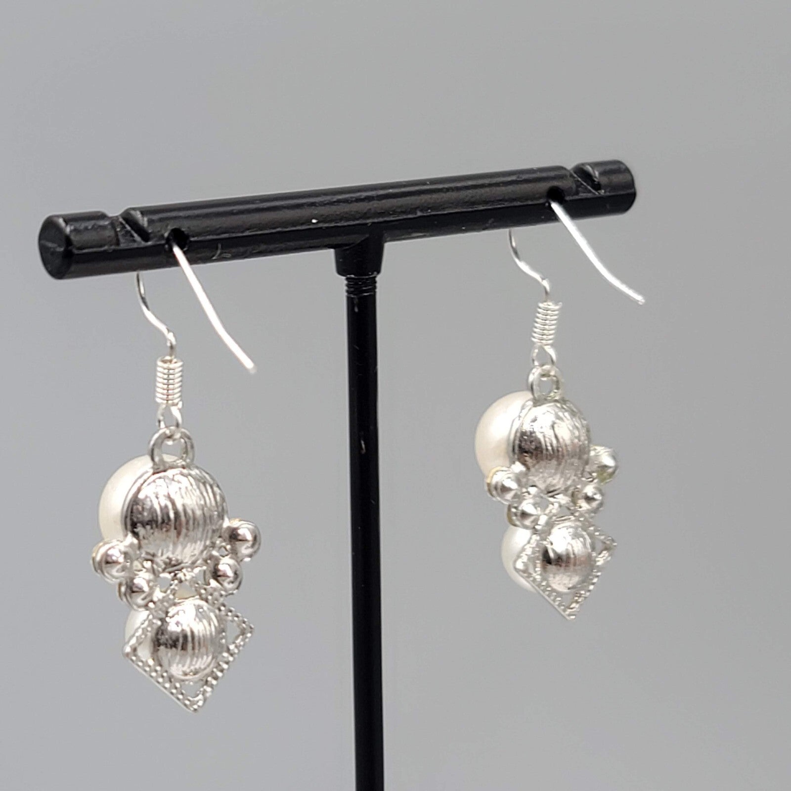 Pierced Earrings Silver tone Faux Pearl White Bead Rhinestone Dangle 7/8"