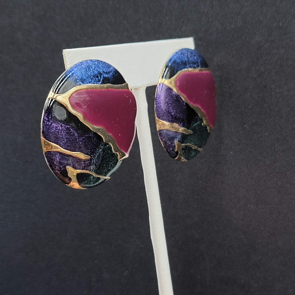 Vintage Pierced Earrings Blue Purple Enamel Round Statement 1.5"