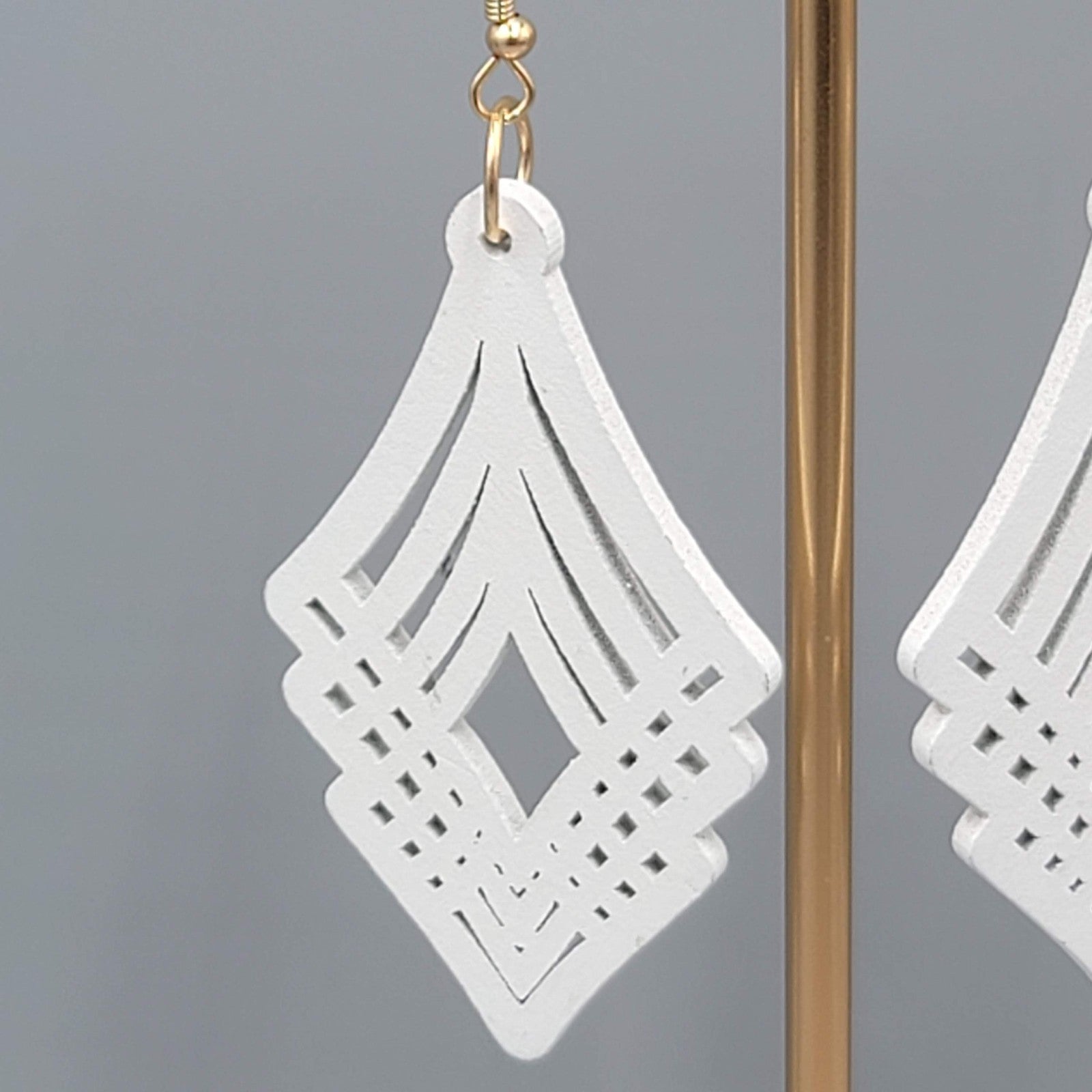 White Painted Laser Cut Wood Pierced Earrings Gold tone Dangle Statement 2 3/8"