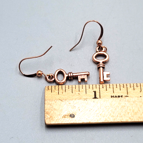 Copper tone Skeleton Key Pierced Earrings Dangle Small 3/4"