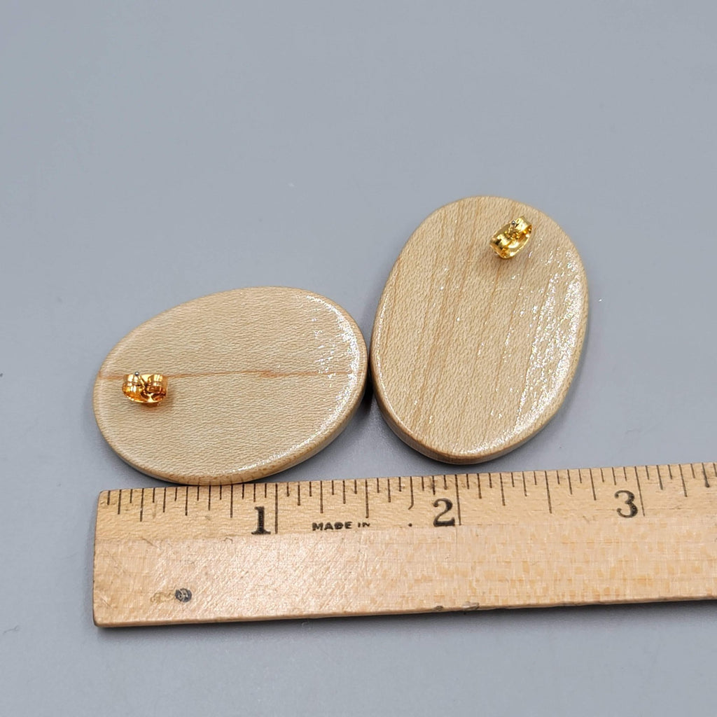 Large Wood Statement Pierced Earrings Oval Drop Gold tone 1.5"