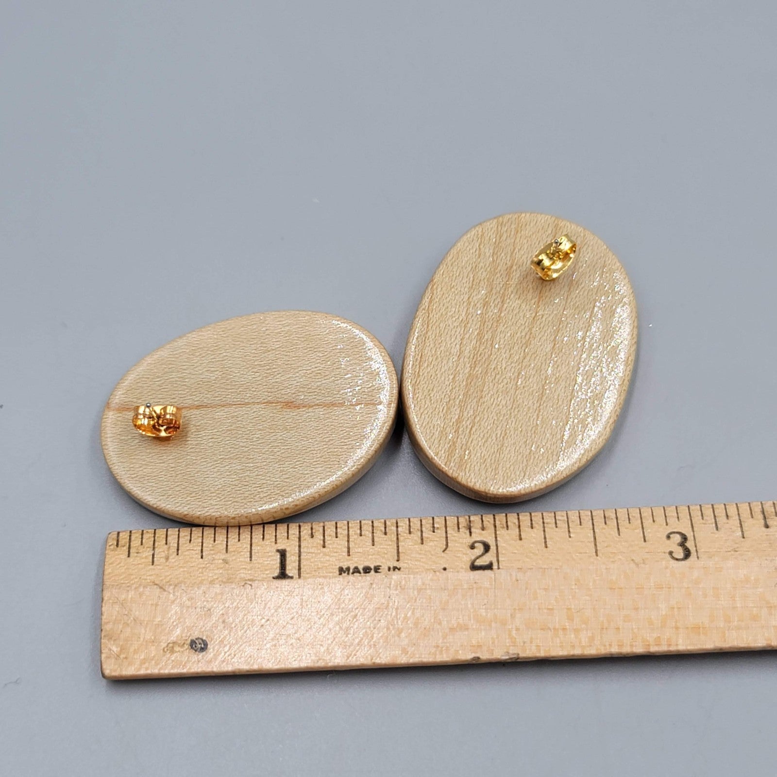 Large Wood Statement Pierced Earrings Oval Drop Gold tone 1.5"