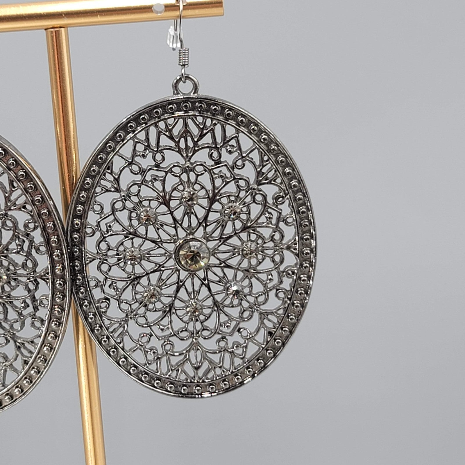 Large Medallion Pierced Earrings Black Metal Rhinestone Open Oval Dangle 2.5 in