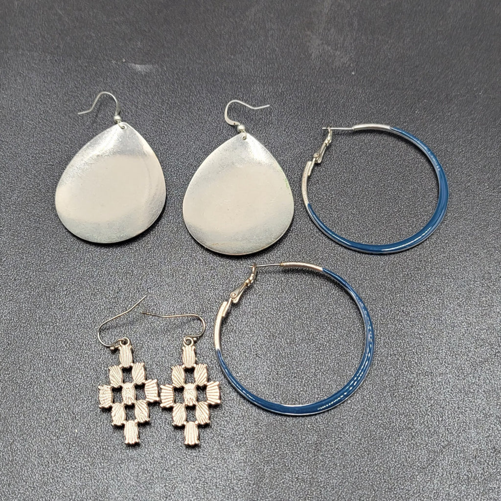 Lot of 3 Pierced Earrings Silver tone Blue Hoops Dangle