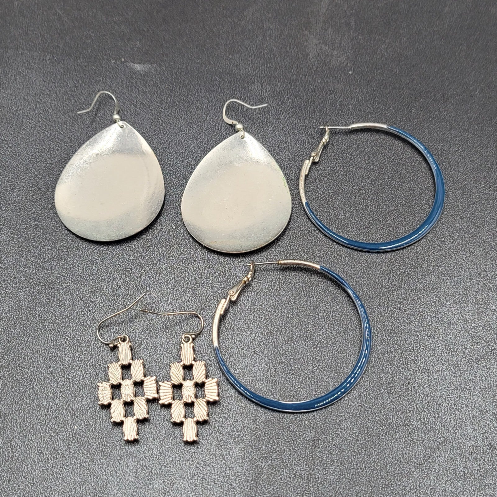 Lot of 3 Pierced Earrings Silver tone Blue Hoops Dangle